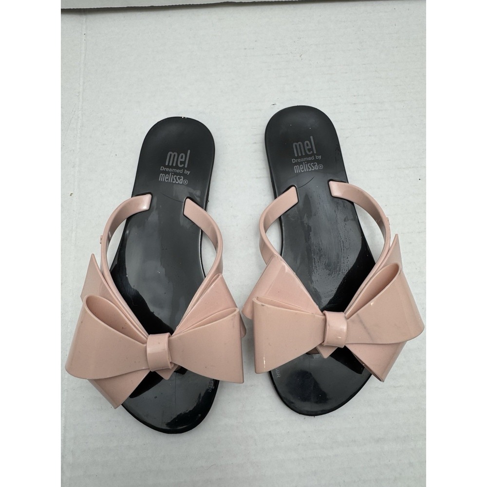 Mel Dreamed by Melissa Girls Pink Bow Black Jelly Flip Flop Sandals Size 12
